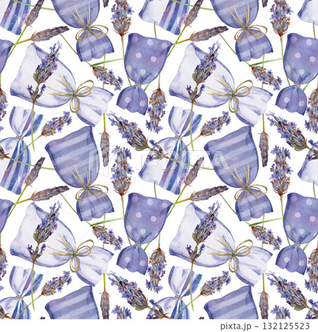 Lavender scented sachet bags with raffia ribbon bows, dots and stripes, single lavandula flowers. Isolated seamless pattern hand drawn in watercolor. Wrapping paper, beauty brand visuals, scrap kits. Lavender scented sachet bags with raffia ribbon bows, dots and stripes, single lavandula flowers. Isolated seamless pattern hand drawn in watercolor. Wrapping paper, beauty brand visuals, scrap kits. 132125523