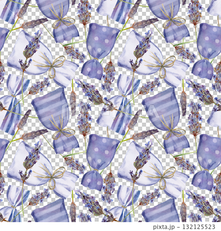 Lavender scented sachet bags with raffia ribbon bows, dots and stripes, single lavandula flowers. Isolated seamless pattern hand drawn in watercolor. Wrapping paper, beauty brand visuals, scrap kits. Lavender scented sachet bags with raffia ribbon bows, dots and stripes, single lavandula flowers. Isolated seamless pattern hand drawn in watercolor. Wrapping paper, beauty brand visuals, scrap kits. 132125523