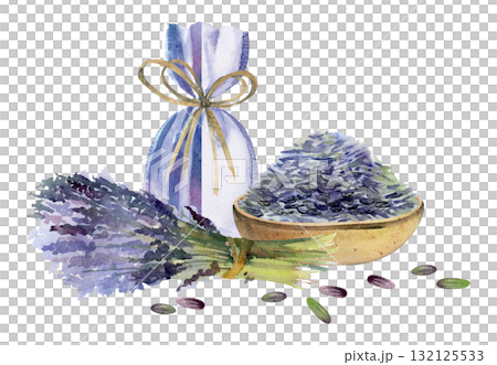 Earth-toned dish of lavender seeds, striped textile sachet pouch with raffia bow, lavandula bouquet. Isolated illustration hand drawn in watercolor. Organic gifts, perfume sets, countryside decor. Earth-toned dish of lavender seeds, striped textile sachet pouch with raffia bow, lavandula bouquet. Isolated illustration hand drawn in watercolor. Organic gifts, perfume sets, countryside decor. 132125533