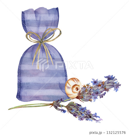 Striped sachet bag with raffia ribbon bow, lavender flower stems buds with white garden snail. Isolated illustration hand drawn in watercolor. Wellness spa gifts, soap or candle sets, bedroom charm. 132125576