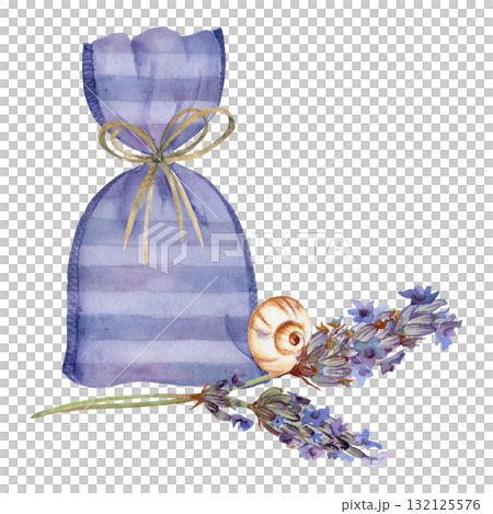 Striped sachet bag with raffia ribbon bow, lavender flower stems buds with white garden snail. Isolated illustration hand drawn in watercolor. Wellness spa gifts, soap or candle sets, bedroom charm. 132125576