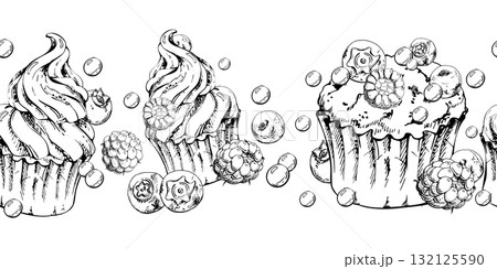 Muffins crowned with berries, cupcakes topped with whipped cream swirls, raspberry and blueberry dragees hand drawn in vector ink. Isolated for seamless tiling, dessert banner borders, baking headers. Muffins crowned with berries, cupcakes topped with whipped cream swirls, raspberry and blueberry dragees hand drawn in vector ink. Isolated for seamless tiling, dessert banner borders, baking headers. 132125590