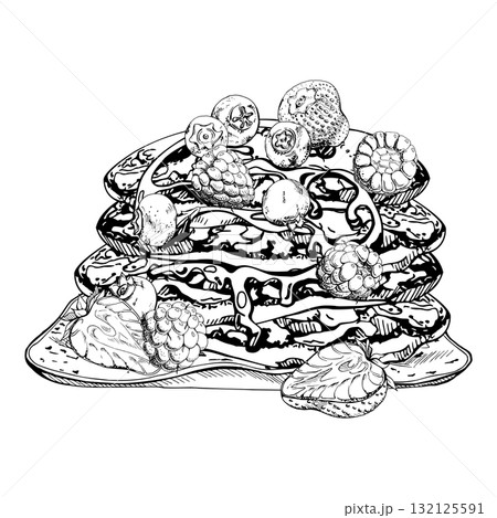 Ceramic platter with fresh raspberries and blueberries on pancake tower, melted chocolate syrup ganache. Isolated hand drawn vector ink artwork. Recipe layouts, dessert border designs, cafe signage. 132125591