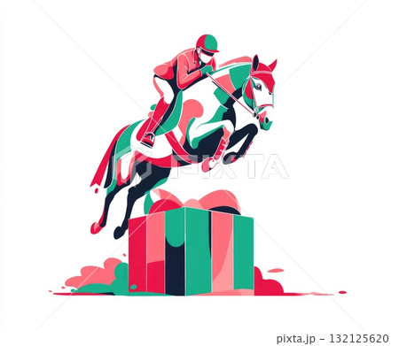 Equestrian rider in vibrant attire jumping over colorful obstacle in dynamic illustration style 132125620