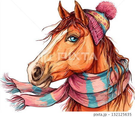 Colorful illustration of a horse wearing a knitted hat and scarf with a playful expression Colorful illustration of a horse wearing a knitted hat and scarf with a playful expression 132125635