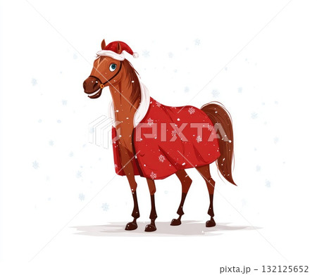 Festive horse wearing red blanket and Santa hat in a snowy winter wonderland scene 132125652