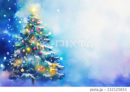 Colorful watercolor illustration of a decorated Christmas tree with snow and festive atmosphere Colorful watercolor illustration of a decorated Christmas tree with snow and festive atmosphere 132125653
