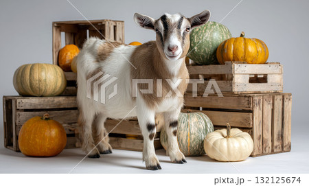 Cute goat standing among colorful pumpkins and wooden crates in rustic autumn-themed setting Cute goat standing among colorful pumpkins and wooden crates in rustic autumn-themed setting 132125674