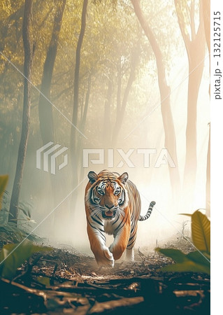 A majestic tiger strides through a misty forest at dawn, showcasing its powerful presence A majestic tiger strides through a misty forest at dawn, showcasing its powerful presence 132125715