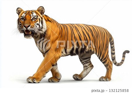 A majestic tiger walking confidently across a white background in a serene moment captured 132125858