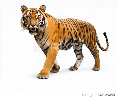 A majestic tiger walking confidently across a white background in a serene moment captured 132125859