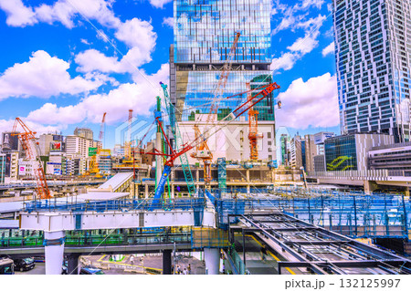 日本の東京都市景観2匹ハチ…クローラークレーンなどの巨大重機がズラリ…。左側にも鉄骨が＝17日、渋谷 132125997