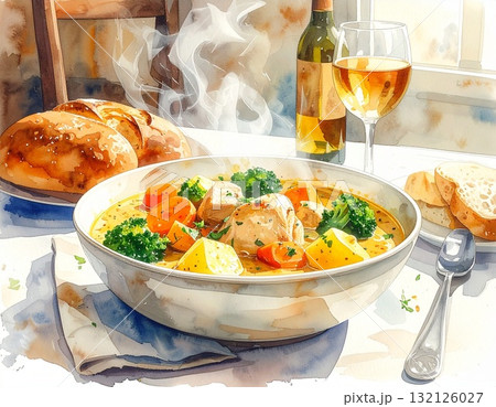 湯気の立つシチューとパン、ワインのある食卓を描いた冬のディナーの温かい水彩画風イラストレーション 湯気の立つシチューとパン、ワインのある食卓を描いた冬のディナーの温かい水彩画風イラストレーション 132126027