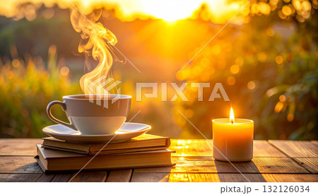 Steaming cup of tea beside a stack of books and a glowing candle on wooden table at golden sunset, evoking calm mindfulness, relaxation, and peaceful self-care moments in warm evening light 132126034