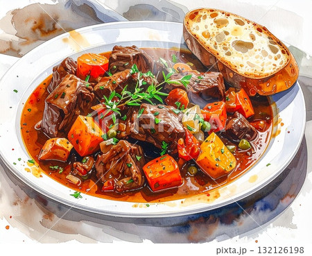 熱々の湯気が立ち込める肉と野菜がたっぷりのビーフシチュとパン美味しそうな水彩画 132126198