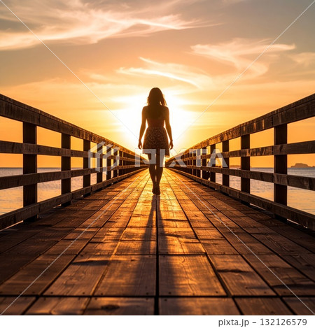Woman walking alone on a long bridge or road symbolizing loneliness and meditation Woman walking alone on a long bridge or road symbolizing loneliness and meditation 132126579