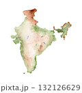 India watercolor map in natural green and brown tones with soft gradients and paper texture. Hand-painted clip art isolated on white. Perfect for travel, geography, decor, infographics, educational 132126629