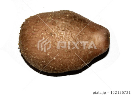 Potato grown in the garden with flaky skin scab fungus natural on white background Potato grown in the garden with flaky skin scab fungus natural on white background 132126721
