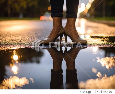 Woman feet on heels standing near the puddle with reflections 132126859