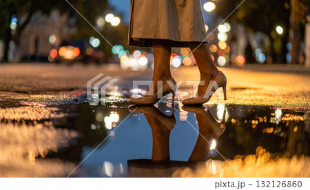 Woman feet on heels standing near the puddle with reflections 132126860