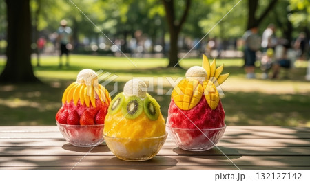 Three vibrant fruit shaved ice desserts with ice cream on a wooden table in a sunny park Three vibrant fruit shaved ice desserts with ice cream on a wooden table in a sunny park 132127142