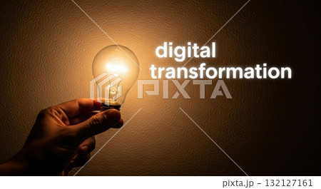 Illuminated light bulb in hand symbolizing digital transformation and innovation 132127161