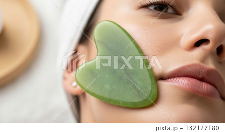Woman using a green jade heart shaped gua sha tool on her cheek for a beauty treatment and facial massage Woman using a green jade heart shaped gua sha tool on her cheek for a beauty treatment and facial massage 132127180