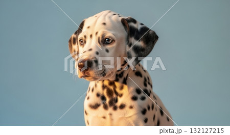 Adorable young dalmatian puppy with striking blue eyes and black spots sitting calmly 132127215
