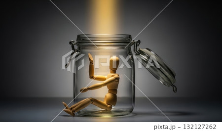 Wooden artist mannequin trapped in a glass jar, reaching for a golden light beam, symbolizing hope 132127262