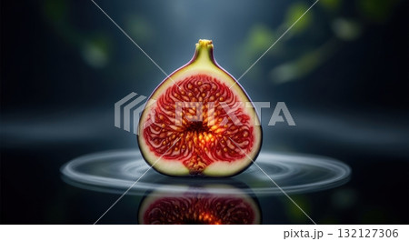 Fresh fig cut in half revealing vibrant red pulp and seeds on a dark reflective surface 132127306