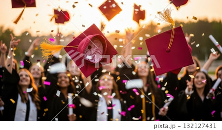 Joyful university graduates celebrating success by throwing caps and confetti at sunset Joyful university graduates celebrating success by throwing caps and confetti at sunset 132127431