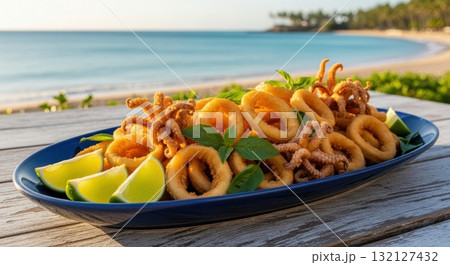 Golden fried calamari rings and tentacles with lime on a beachside table by the ocean Golden fried calamari rings and tentacles with lime on a beachside table by the ocean 132127432