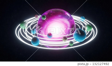 Vibrant 3D miniature galaxy model with glowing pink purple nebula core and orbiting spheres 132127492