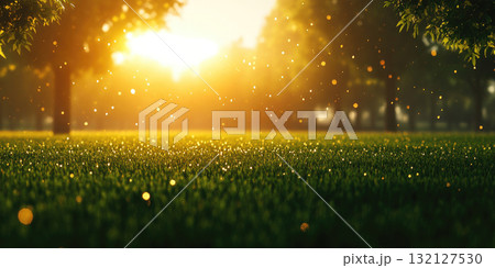 Glistening Dewdrops on Fresh Green Grass at Sunrise Creating a Bright and Refreshing Background 132127530