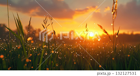 Glistening Dewdrops on Fresh Green Grass at Sunrise Creating a Bright and Refreshing Background Glistening Dewdrops on Fresh Green Grass at Sunrise Creating a Bright and Refreshing Background 132127531