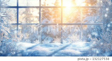 Glistening Frost on a Windowpane with Intricate Ice Patterns Creating a Magical Winter Background 132127538