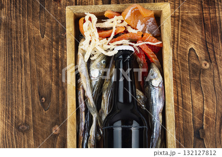 Beer and dried fish on wooden surface. Beer and dried fish on wooden surface. 132127812