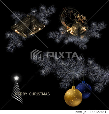 Merry Christmas. Isolated garlands with bronze bells and clocks, festive set Merry Christmas. Isolated garlands with bronze bells and clocks, festive set 132127841