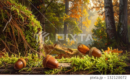 木漏れ日に包まれる森　どんぐりの秋のひととき 132128072