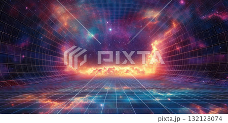 Glowing Digital Grid with Deep Space Theme Creating a Futuristic and Cosmic Background 132128074