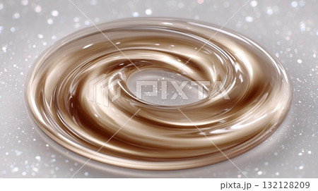 Swirling golden liquid creates mesmerizing vortex shape on a shiny background 132128209