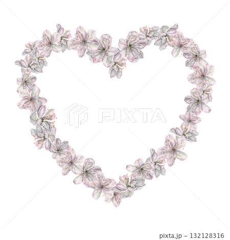 Heart shape frame with delicate cherry blossoms. Hand drawn watercolor illustration of spring flowers with snow-white petals on isolated background. Botanical frame for Easter or wedding design Heart shape frame with delicate cherry blossoms. Hand drawn watercolor illustration of spring flowers with snow-white petals on isolated background. Botanical frame for Easter or wedding design 132128316