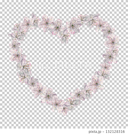 Heart shape frame with delicate cherry blossoms. Hand drawn watercolor illustration of spring flowers with snow-white petals on isolated background. Botanical frame for Easter or wedding design Heart shape frame with delicate cherry blossoms. Hand drawn watercolor illustration of spring flowers with snow-white petals on isolated background. Botanical frame for Easter or wedding design 132128316