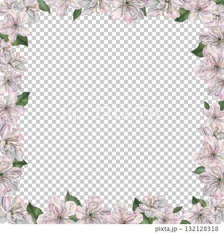Square frame with white cherry flowers and green leaves with space for text. Hand drawn watercolor illustration of spring blooming elements on isolated background. Floral layout for Easter design Square frame with white cherry flowers and green leaves with space for text. Hand drawn watercolor illustration of spring blooming elements on isolated background. Floral layout for Easter design 132128318