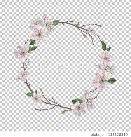Round wreath created from delicate cherry blossoms, buds, leaves and twigs. Hand drawn watercolor illustration of snow-white petals on isolated background. Floral layout for tableware, wedding design Round wreath created from delicate cherry blossoms, buds, leaves and twigs. Hand drawn watercolor illustration of snow-white petals on isolated background. Floral layout for tableware, wedding design 132128319