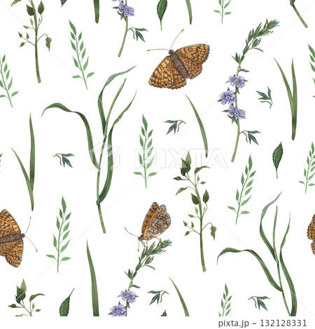 Floral seamless pattern of wild herbs, delicate tiny flowers and vibrant orange butterflies. Hand drawn watercolor illustration of intricate insects on white background. For nature-inspired projects 132128331