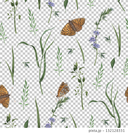 Floral seamless pattern of wild herbs, delicate tiny flowers and vibrant orange butterflies. Hand drawn watercolor illustration of intricate insects on white background. For nature-inspired projects 132128331