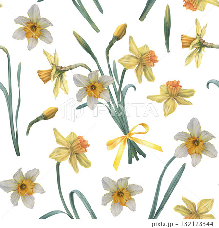 Bouquet of narcissus with green leaves and buds. Hand drawn botanical watercolor seamless pattern on white background, perfect for cards, wedding designs, botanical prints, textile and wallpapers 132128344