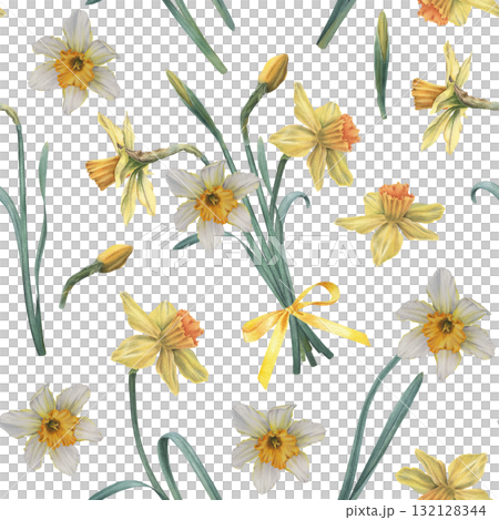 Bouquet of narcissus with green leaves and buds. Hand drawn botanical watercolor seamless pattern on white background, perfect for cards, wedding designs, botanical prints, textile and wallpapers Bouquet of narcissus with green leaves and buds. Hand drawn botanical watercolor seamless pattern on white background, perfect for cards, wedding designs, botanical prints, textile and wallpapers 132128344
