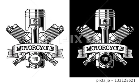 Motor club custom garage logo featuring a large piston and two crossed spark plugs with a ribbon banner black and white reverse versions for vintage branding and apparel design 132128621